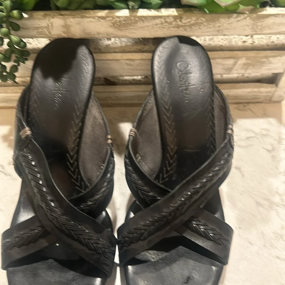 Cole Haan black leather/ wood slip on 4” heels - Picture 2 of 6